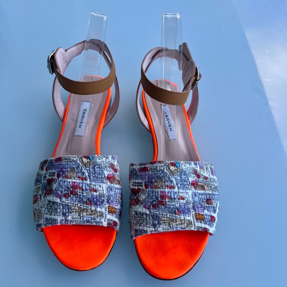 Carven Neon Orange & Multicolor Tweed Front-Strap Sandals with Tan Ankle Strap